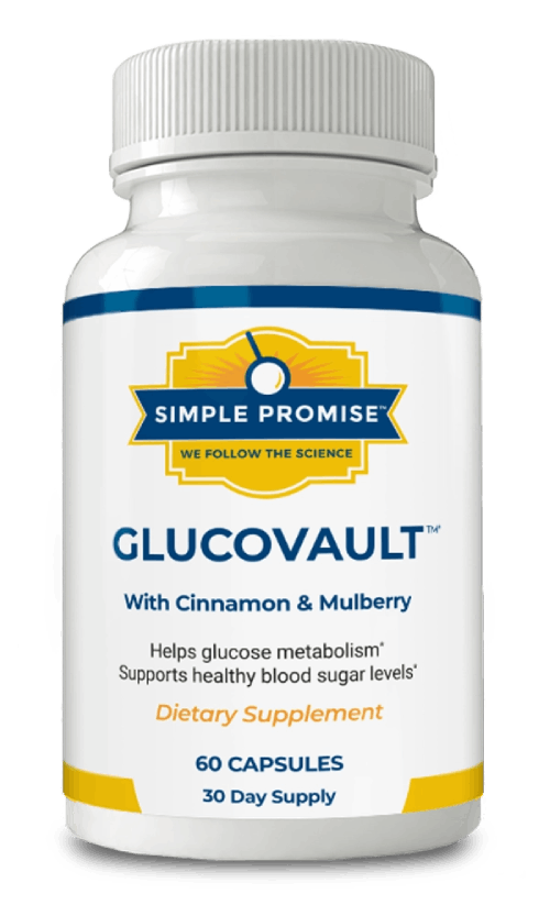 GlucoVault supplement bottle from the GlucoVault official website, one month supply